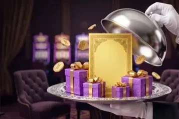Illustrated waiter presenting a welcome offer tray at a casino table