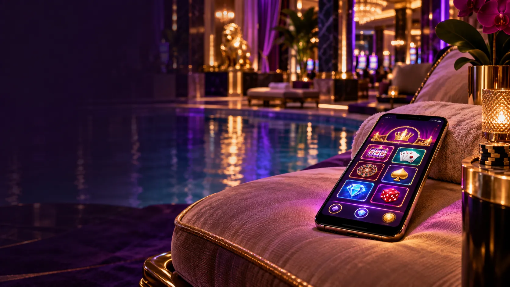 Smartphone with a glowing casino lobby screen on a poolside lounger