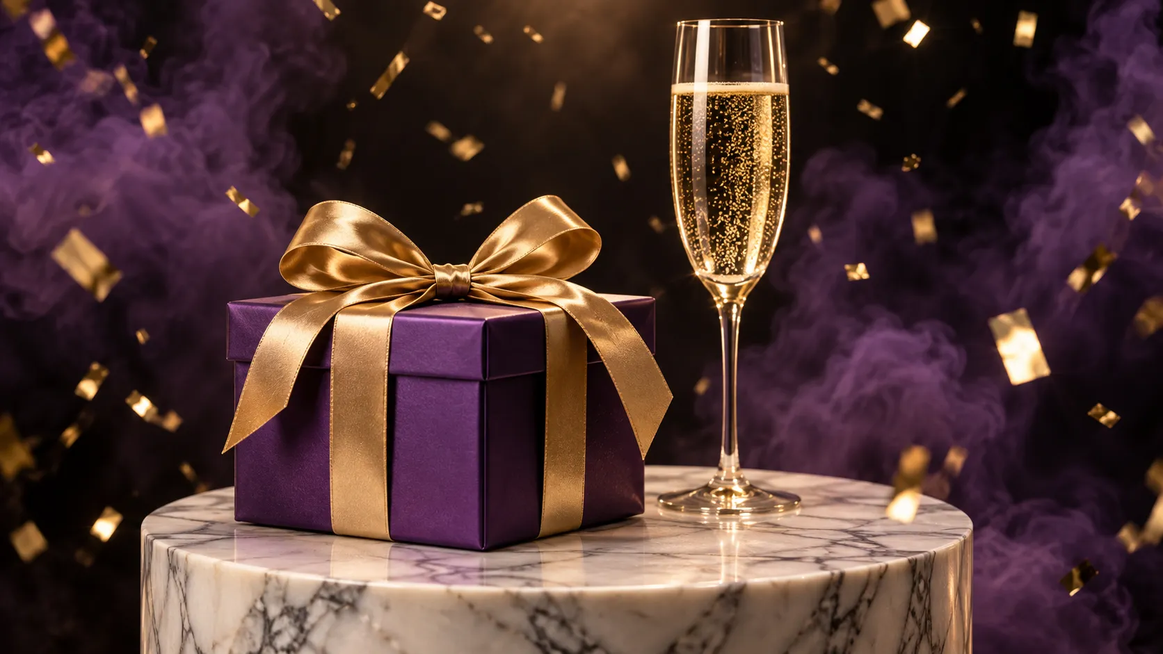 Champagne and a glowing gift on a pedestal, evoking a casino welcome bonus display