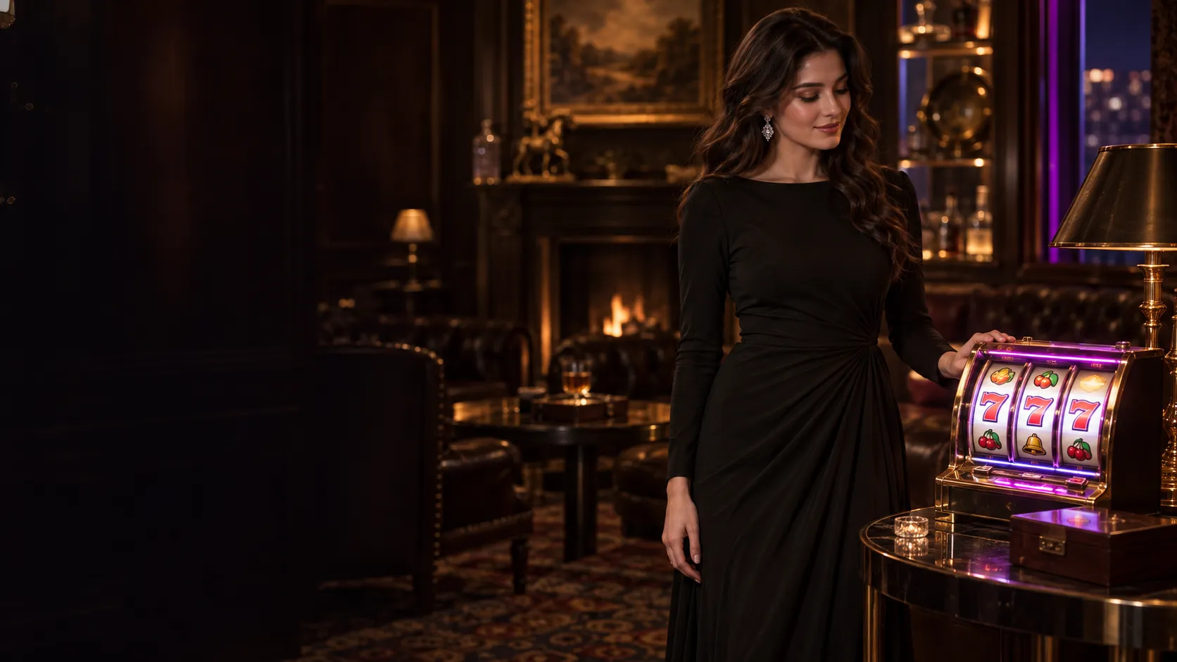 Woman in an evening gown beside a glowing slot reel display in a cigar lounge